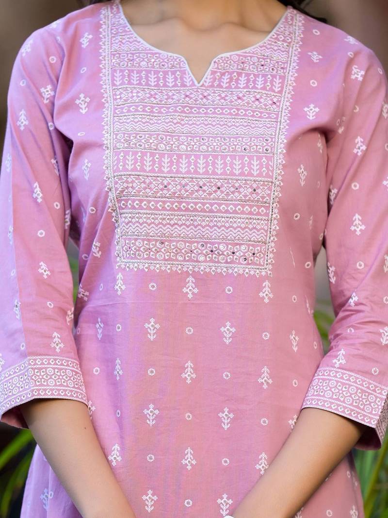 Ethnic Motifs Printed Mirror Work Pure Cotton Kurta With Trouser & Dupatta