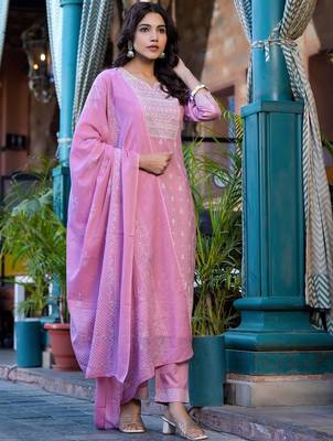 Ethnic Motifs Printed Mirror Work Pure Cotton Kurta With Trouser & Dupatta 3