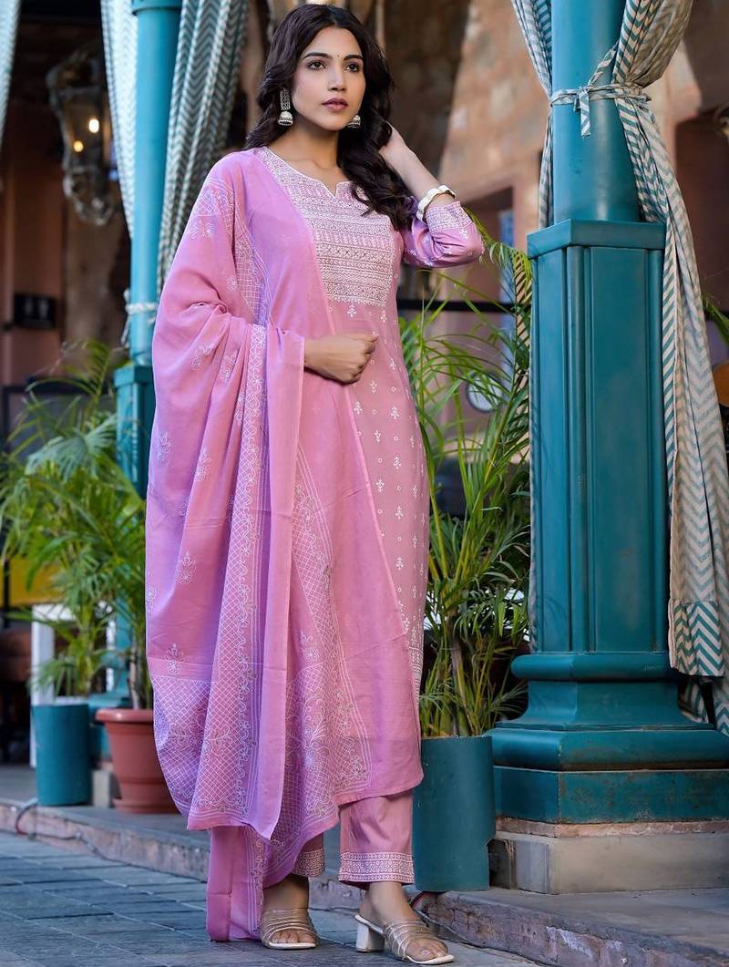 Ethnic Motifs Printed Mirror Work Pure Cotton Kurta With Trouser & Dupatta