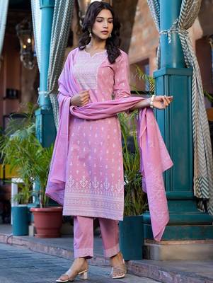 Ethnic Motifs Printed Mirror Work Pure Cotton Kurta With Trouser & Dupatta 4