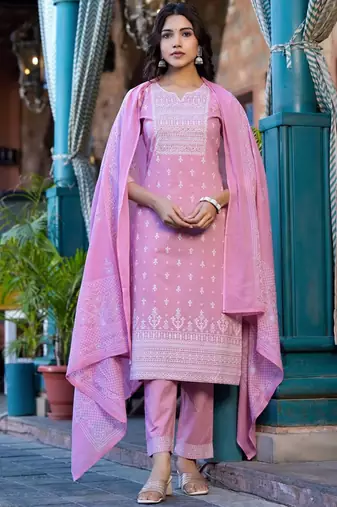Ethnic Motifs Printed Mirror Work Pure Cotton Kurta With Trouser & Dupatta