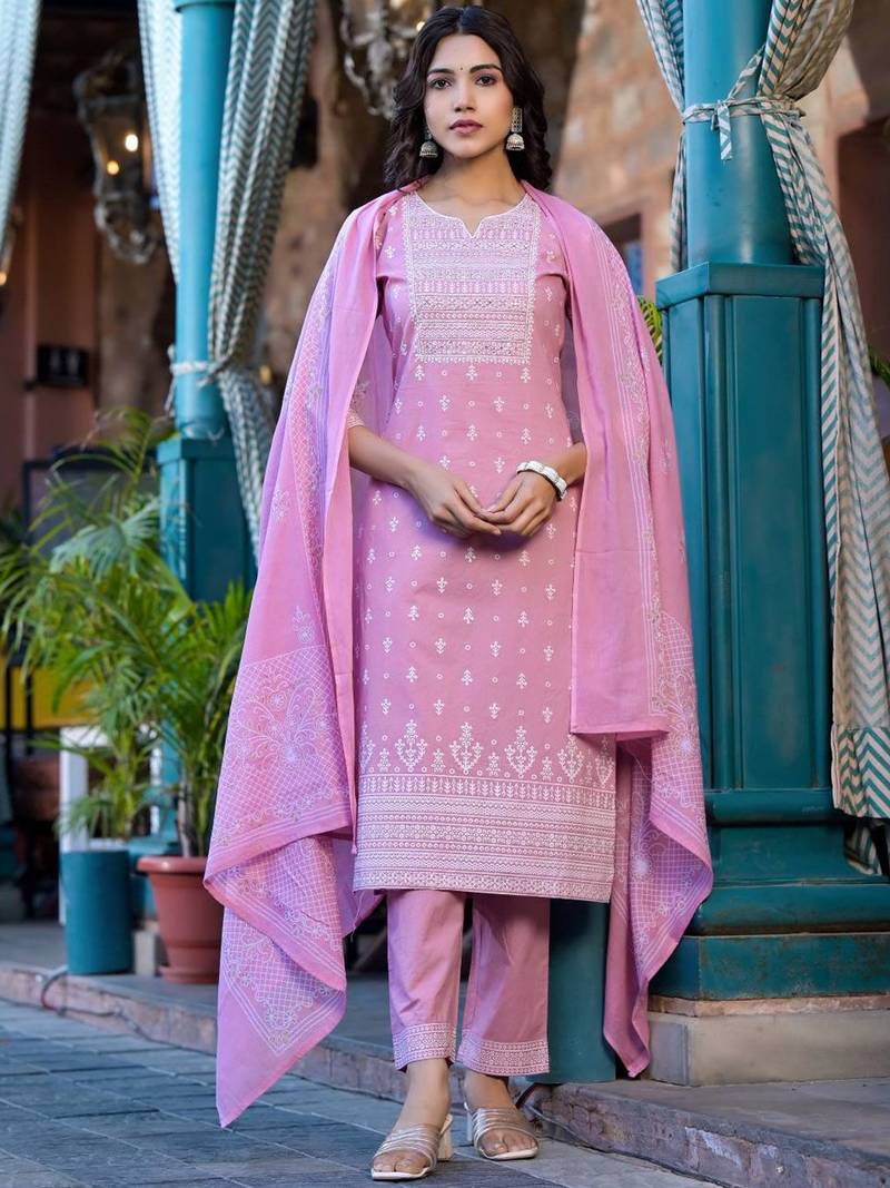 Ethnic Motifs Printed Mirror Work Pure Cotton Kurta With Trouser & Dupatta
