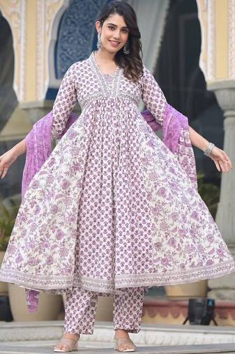 Floral Printed Empire Sequinned Pure Cotton Kurta with Trousers & Dupatta