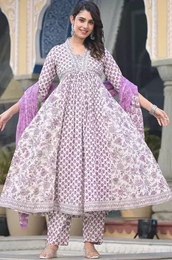 Floral Printed Empire Sequinned Pure Cotton Kurta with Trousers & Dupatta