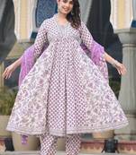 Floral Printed Empire Sequinned Pure Cotton Kurta with Trousers & Dupatta