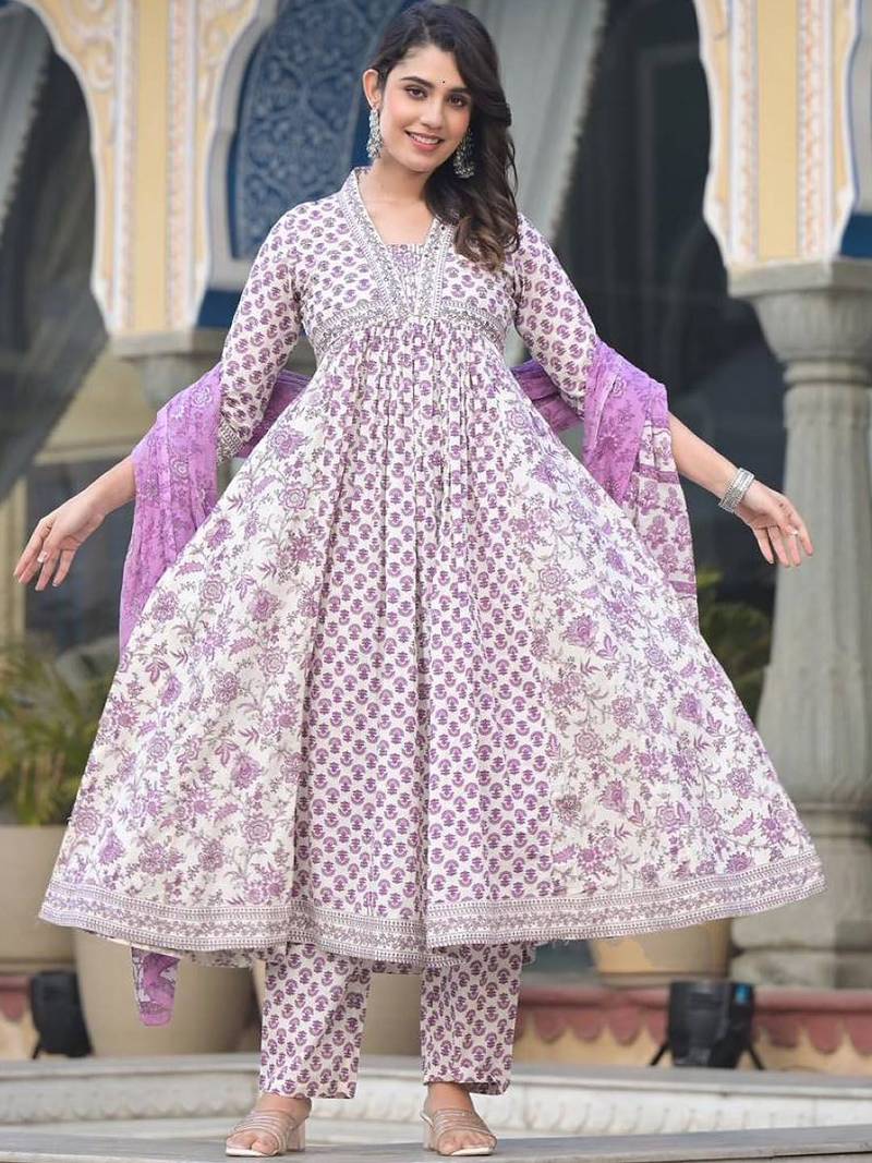 Floral Printed Empire Sequinned Pure Cotton Kurta with Trousers & Dupatta