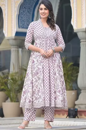 Floral Printed Empire Sequinned Pure Cotton Kurta with Trousers & Dupatta