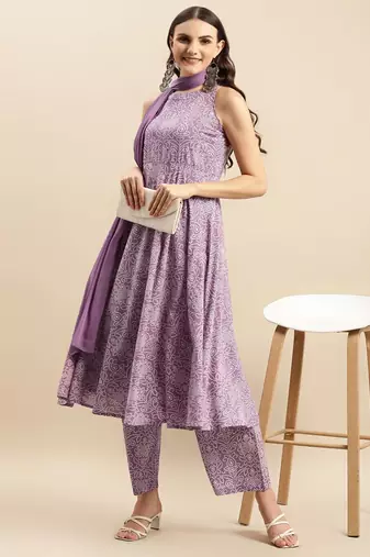 Bandhani Printed Round Neck Empire Pure Cotton Kurta with Trouser