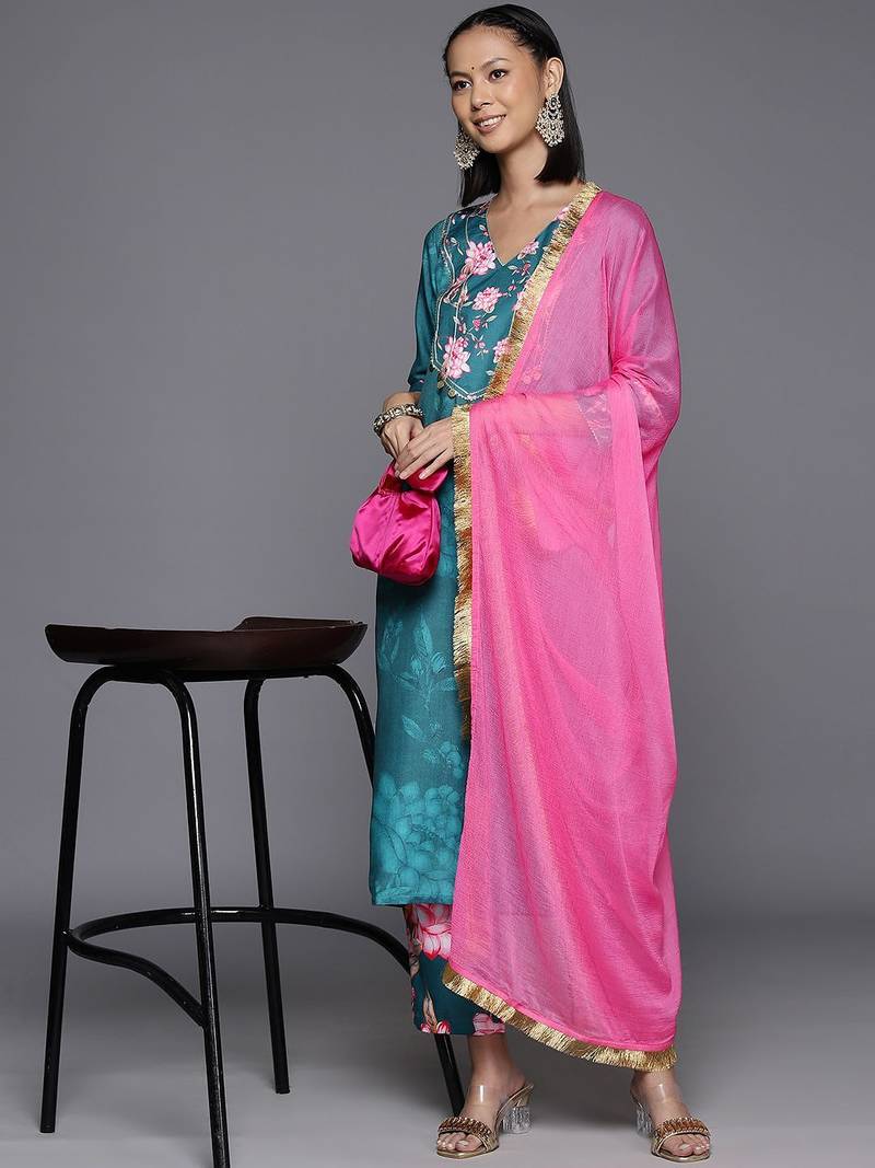 Women Floral Printed Regular Gotta Patti Kurta with Trousers & Dupatta