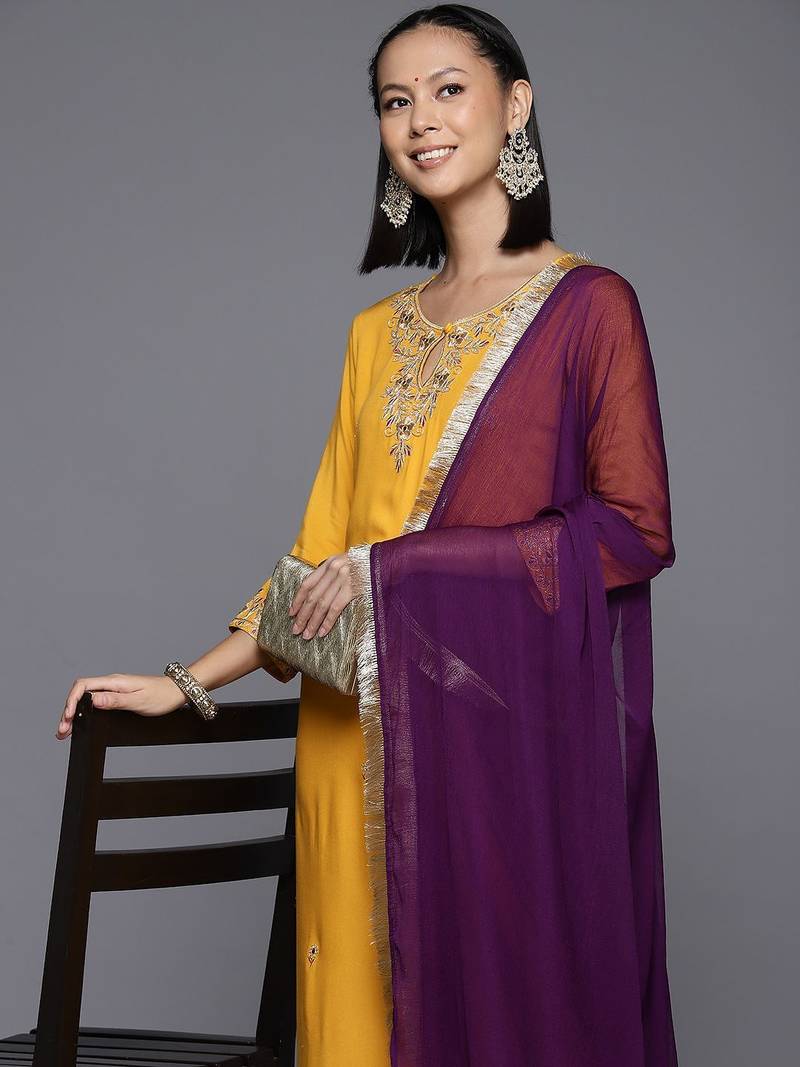 Women Ethnic Motifs Embroidered Regular Gotta Patti Kurta with Trousers & Dupatta