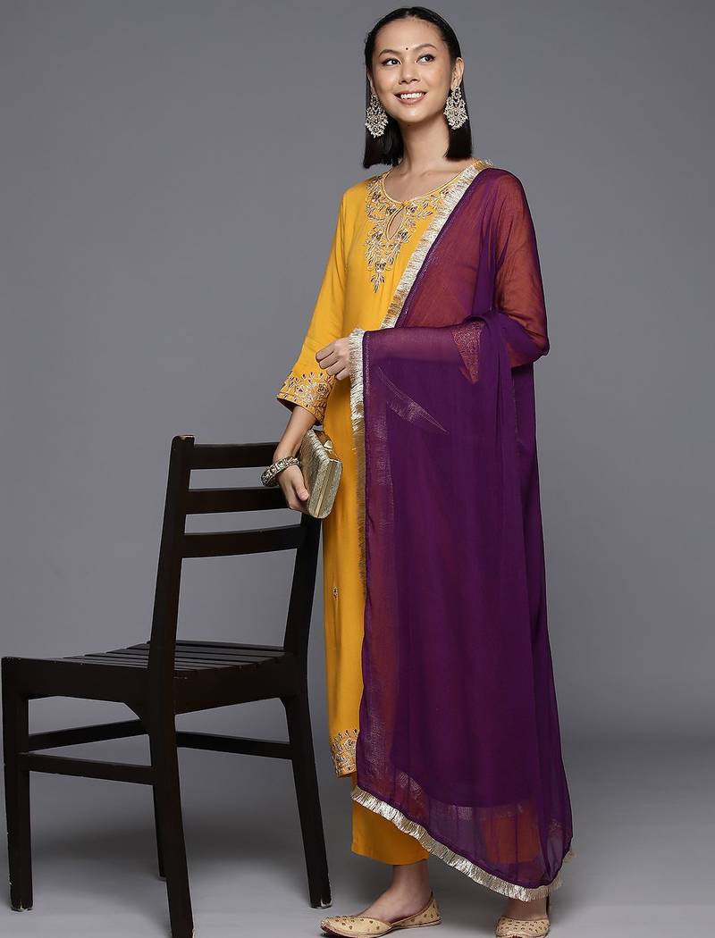Women Ethnic Motifs Embroidered Regular Gotta Patti Kurta with Trousers & Dupatta