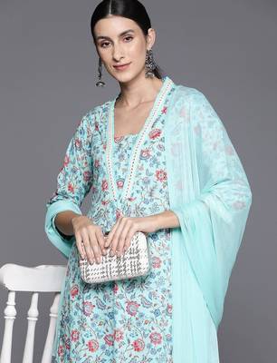 Women Floral Printed Empire Mirror Work Cotton Kurta with Trousers & With Dupatta 1