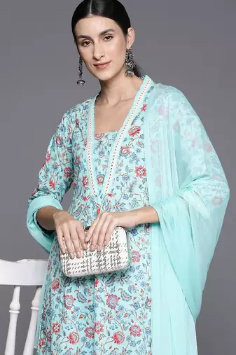 Women Floral Printed Empire Mirror Work Cotton Kurta with Trousers & With Dupatta