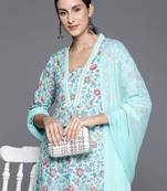 Women Floral Printed Empire Mirror Work Cotton Kurta with Trousers & With Dupatta