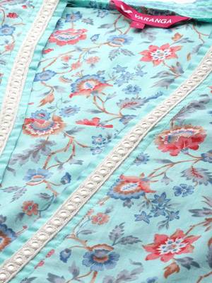 Women Floral Printed Empire Mirror Work Cotton Kurta with Trousers & With Dupatta 2