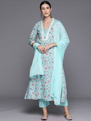 Women Floral Printed Empire Mirror Work Cotton Kurta with Trousers & With Dupatta 5