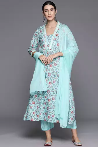 Women Floral Printed Empire Mirror Work Cotton Kurta with Trousers & With Dupatta