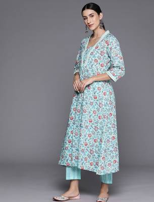 Women Floral Printed Empire Mirror Work Cotton Kurta with Trousers & With Dupatta 6