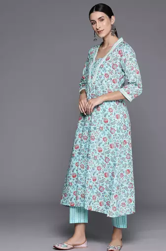 Women Floral Printed Empire Mirror Work Cotton Kurta with Trousers & With Dupatta
