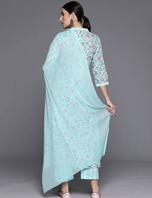 Women Floral Printed Empire Mirror Work Cotton Kurta with Trousers & With Dupatta 7