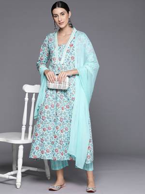 Women Floral Printed Empire Mirror Work Cotton Kurta with Trousers & With Dupatta 8