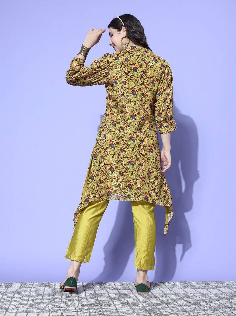Women Floral Printed Regular Sequinned Pure Silk Kurta with Trousers