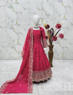 Heavy fendy silk embroidery and sequnce work rani pink readymade salwar suit 2