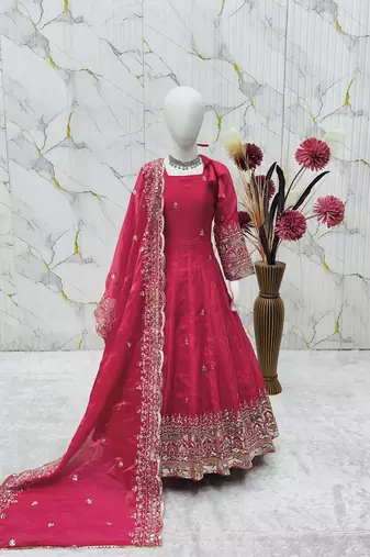 Heavy fendy silk embroidery and sequnce work rani pink readymade salwar suit