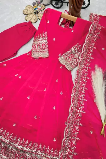 Heavy fendy silk embroidery and sequnce work rani pink readymade salwar suit
