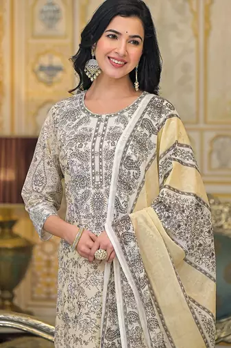 Women Paisley Printed Regular Beads and Stones Pure Cotton Kurta with Trousers & With Dupatta