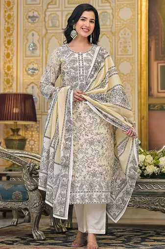 Women Paisley Printed Regular Beads and Stones Pure Cotton Kurta with Trousers & With Dupatta