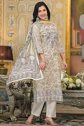Women Paisley Printed Regular Beads and Stones Pure Cotton Kurta with Trousers & With Dupatta