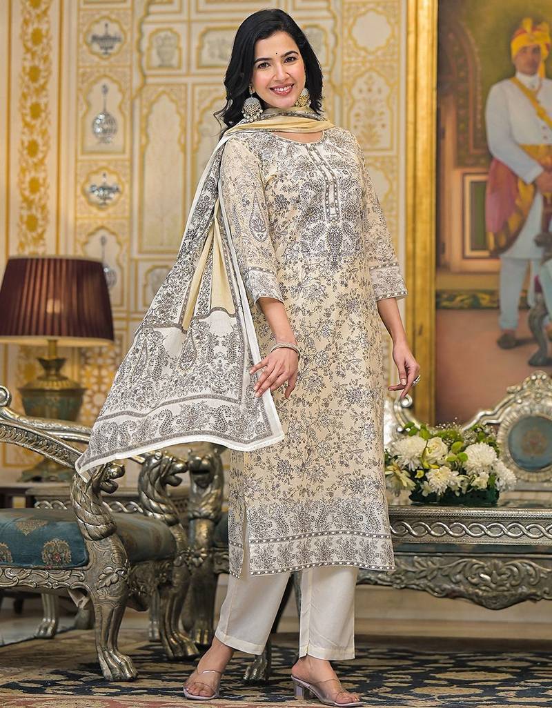 Women Paisley Printed Regular Beads and Stones Pure Cotton Kurta with Trousers & With Dupatta