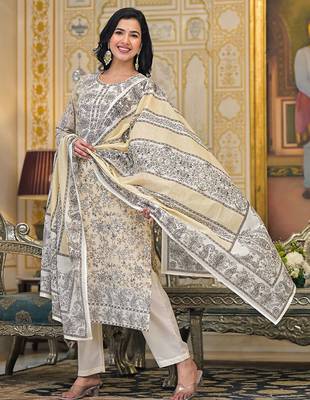 Women Paisley Printed Regular Beads and Stones Pure Cotton Kurta with Trousers & With Dupatta 4