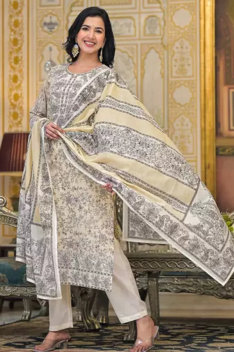 Women Paisley Printed Regular Beads and Stones Pure Cotton Kurta with Trousers & With Dupatta