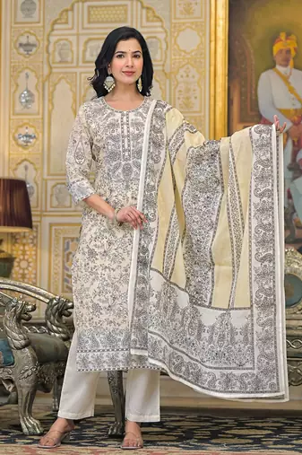 Women Paisley Printed Regular Beads and Stones Pure Cotton Kurta with Trousers & With Dupatta