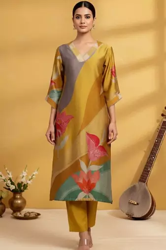 Women Floral Printed Regular Chanderi Silk Kurta with Trousers