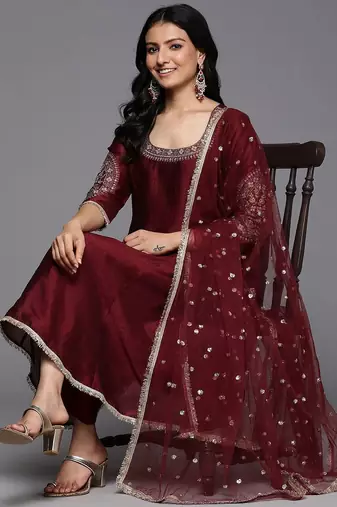 Women Ethnic Motifs Embroidered Anarkali Kurta with Palazzos & With Dupatta