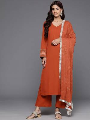 Women Solid Regular Gotta Patti Silk Crepe Kurta with Trousers & With Dupatta 1