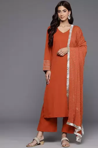 Women Solid Regular Gotta Patti Silk Crepe Kurta with Trousers & With Dupatta