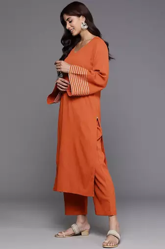 Women Solid Regular Gotta Patti Silk Crepe Kurta with Trousers & With Dupatta