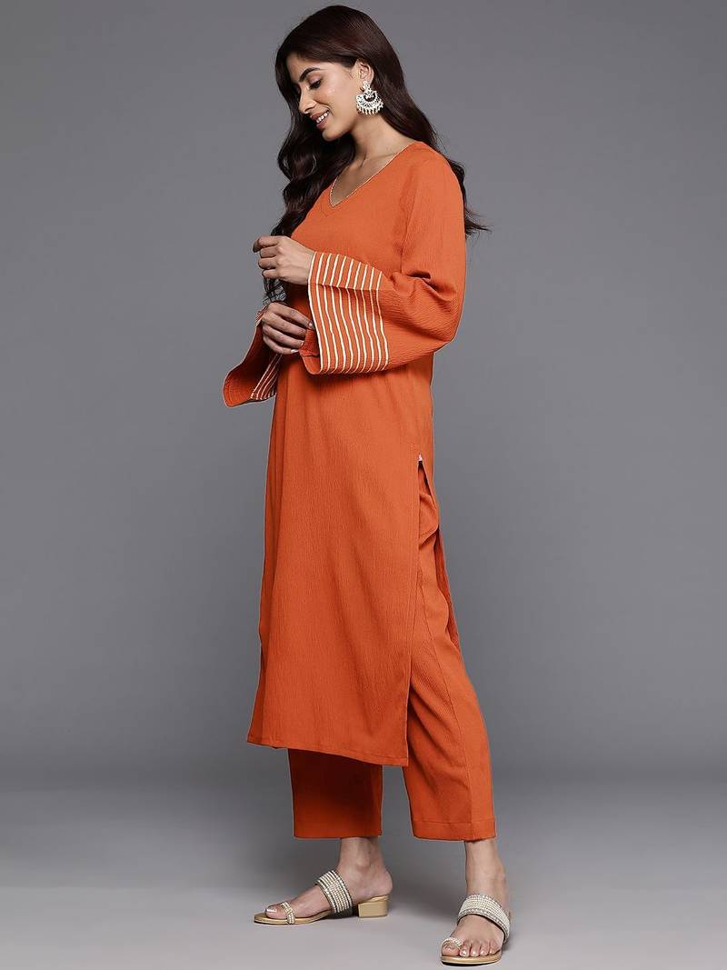 Women Solid Regular Gotta Patti Silk Crepe Kurta with Trousers & With Dupatta