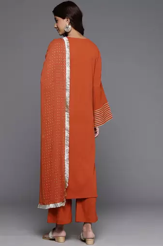 Women Solid Regular Gotta Patti Silk Crepe Kurta with Trousers & With Dupatta