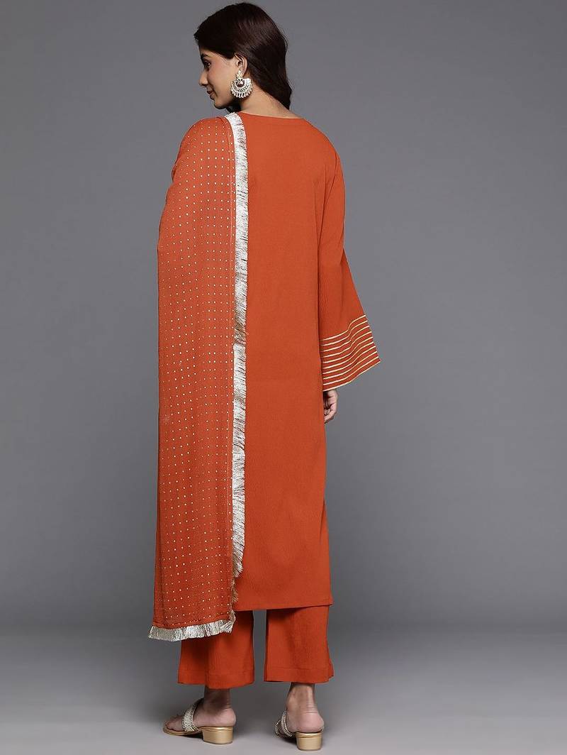 Women Solid Regular Gotta Patti Silk Crepe Kurta with Trousers & With Dupatta