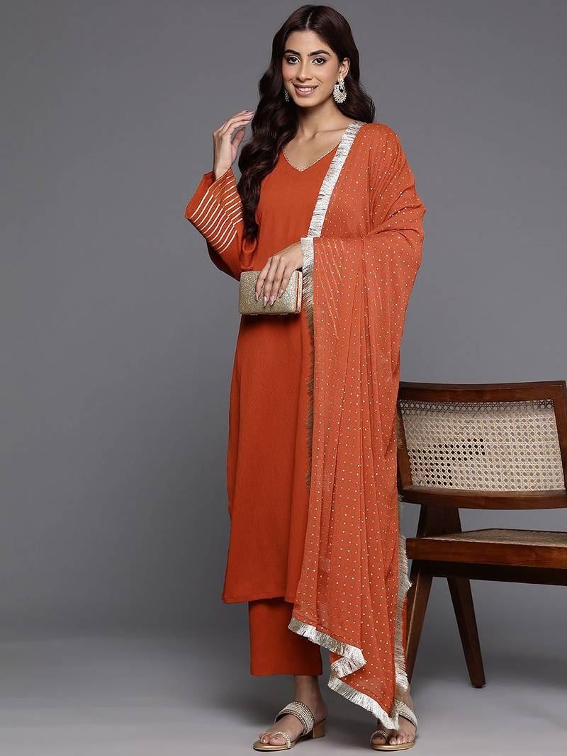 Women Solid Regular Gotta Patti Silk Crepe Kurta with Trousers & With Dupatta