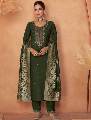 Floral Embroidered Zari Work Round Neck Straight Kurta With Trousers & Dupatta 1