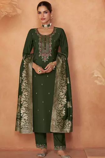 Floral Embroidered Zari Work Round Neck Straight Kurta With Trousers & Dupatta