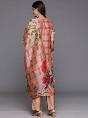 Women Floral Printed Regular Chanderi Silk Kurta with Trousers & With Dupatta 6
