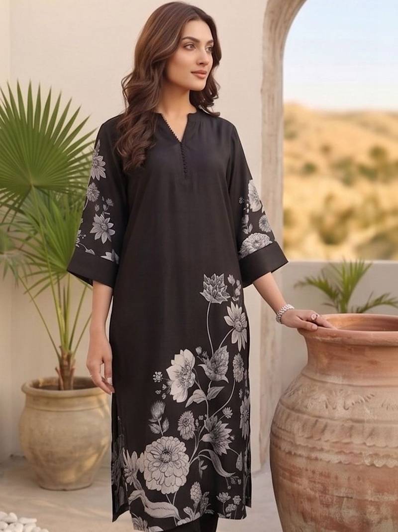 Women Floral Printed Regular Chanderi Silk Kurta with Trousers