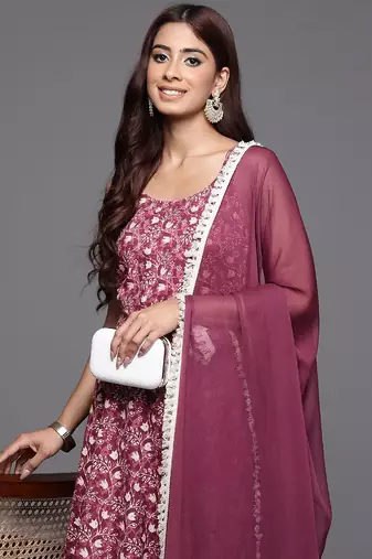 Floral Printed Pure Cotton Anarkali Kurta with Trousers & Dupatta